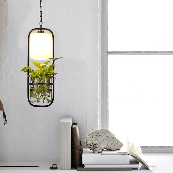 Industrial Cylinder Pendant Lamp 1 Light Metal Hanging Light Fixture Without Plants in Black