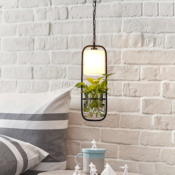 Industrial Cylinder Pendant Lamp 1 Light Metal Hanging Light Fixture Without Plants in Black