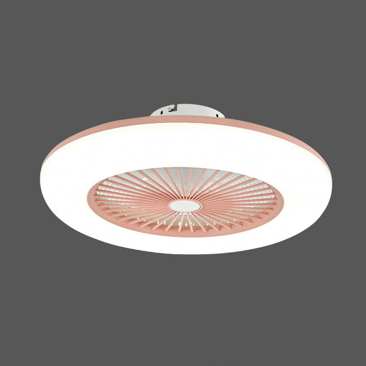 Circular Dorm Room LED Ceiling Fan Lighting Metal Macaron Invisible-Blade Semi Flush Mount Fixture