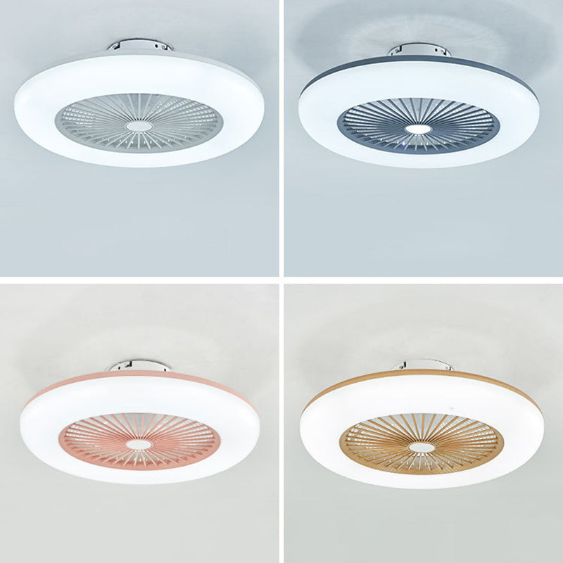 Circular Dorm Room LED Ceiling Fan Lighting Metal Macaron Invisible-Blade Semi Flush Mount Fixture