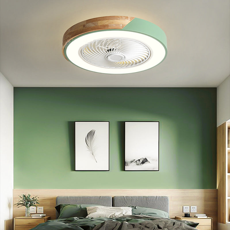 Nordic Geometric Ceiling Fan Light Fixture Metal Bedroom LED Semi Flush Mount with Wood Decor