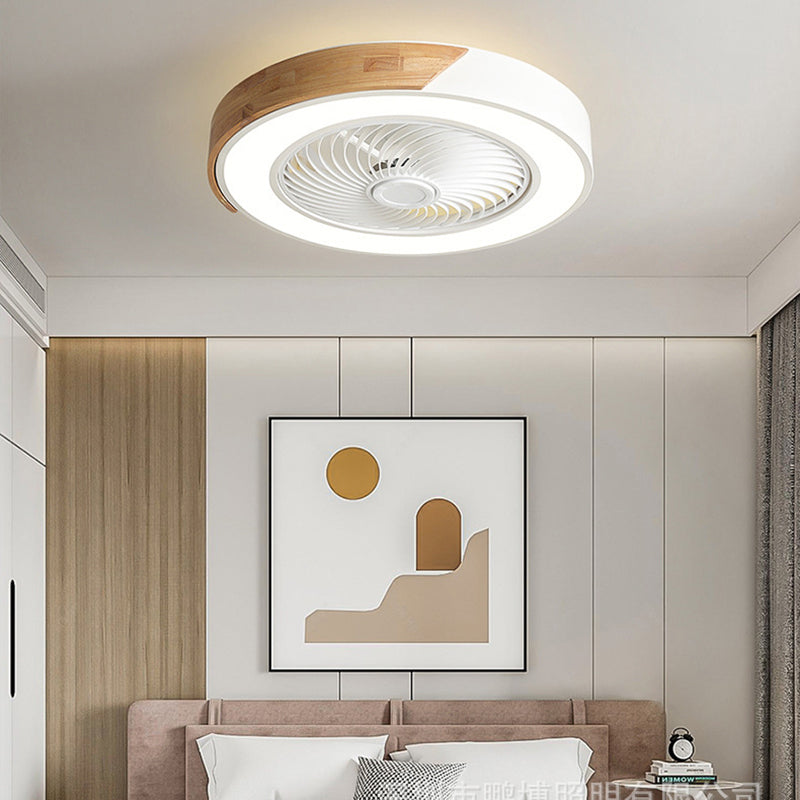 Nordic Geometric Ceiling Fan Light Fixture Metal Bedroom LED Semi Flush Mount with Wood Decor