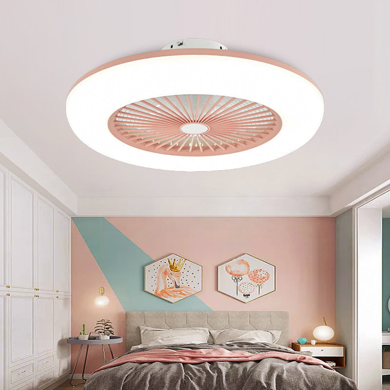 Bedroom LED Ceiling Fan Lamp Macaron Style Semi Flush Light with Circular Acrylic Shade