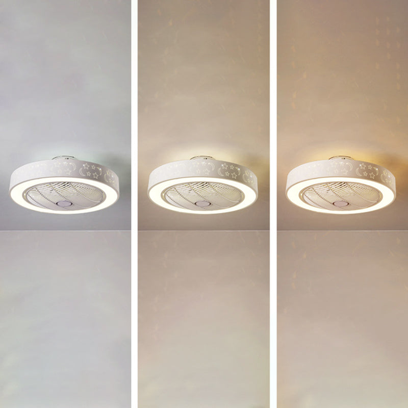 White Hollowed-out Ceiling Fan Nordic Metal LED Round Semi Flush Light for Bedroom