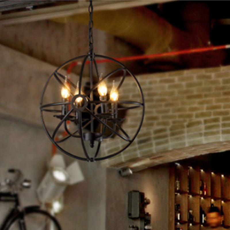 Metal Black Chandelier Pendant Light Round Industrial-Style Ceiling Hung Fixture