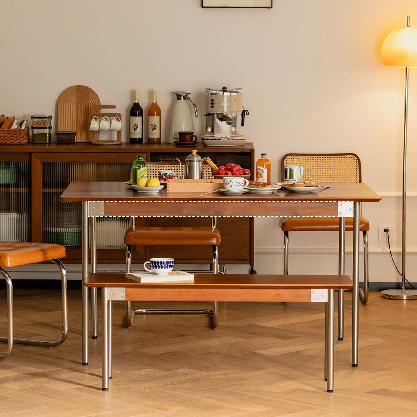 Minimalist Kitchen Brown Dining Table Rectangle Shape Solid Wood Dining Table with 4 Legs Base