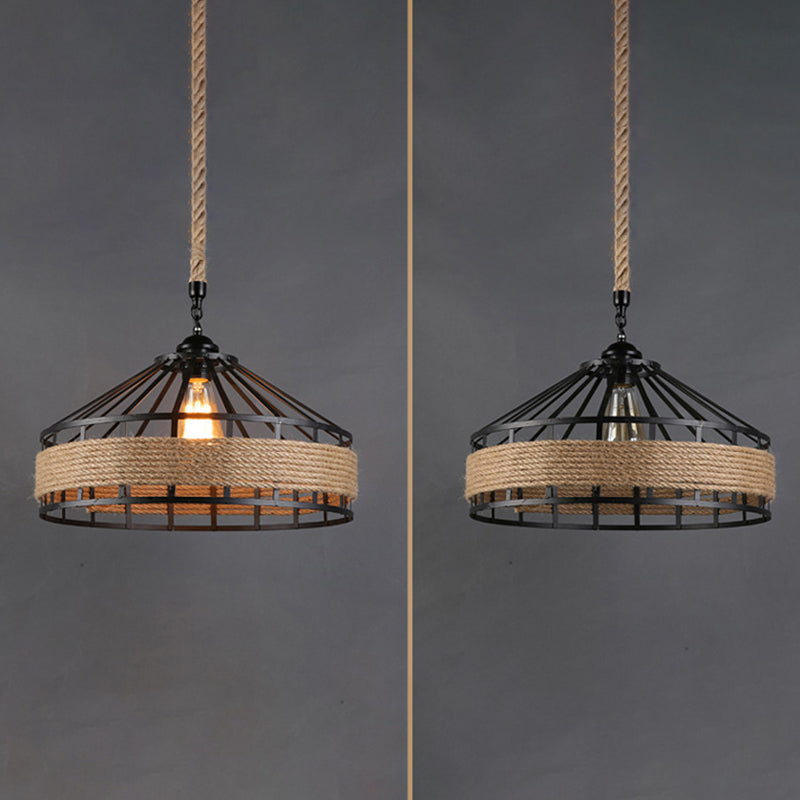 Rope Shade Suspension Light Industrial Metal Single Drop Light in Black for Restaurant