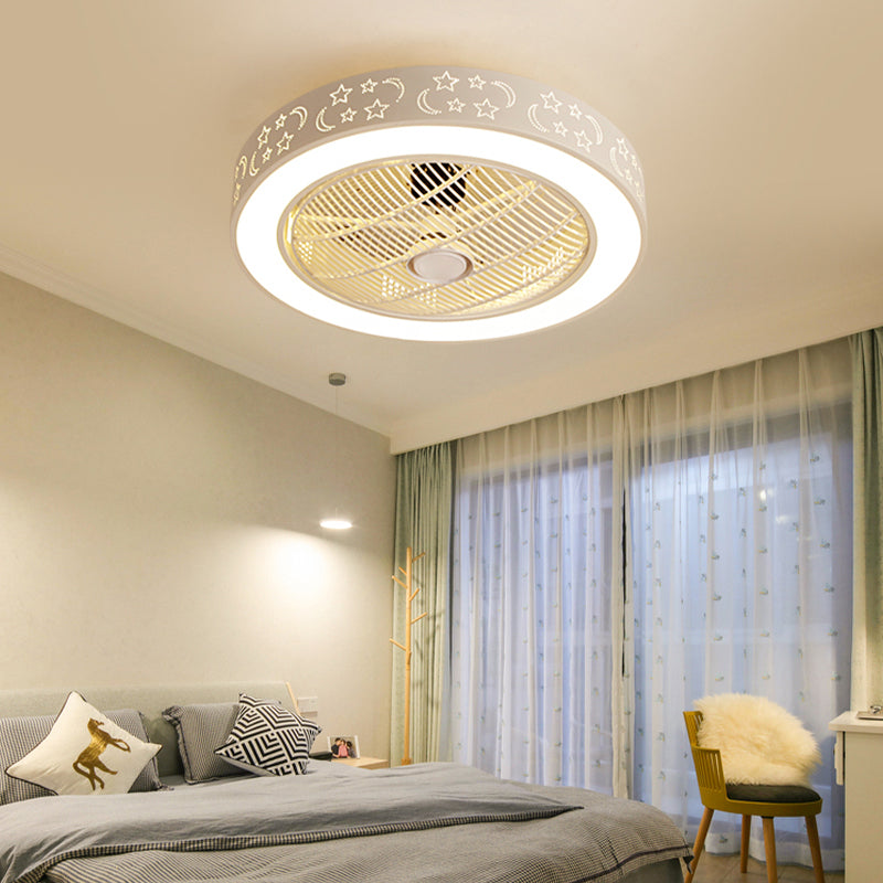 White Drum Shaped Fan Lamp Nordic LED Metal Semi Flush Light Fixture for Bedroom