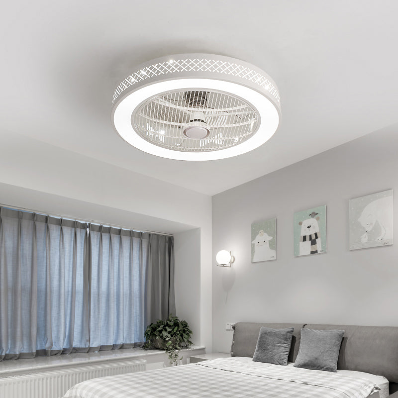 White Drum Shaped Fan Lamp Nordic LED Metal Semi Flush Light Fixture for Bedroom