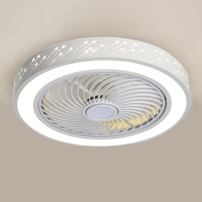 White Drum Shaped Fan Lamp Nordic LED Metal Semi Flush Light Fixture for Bedroom