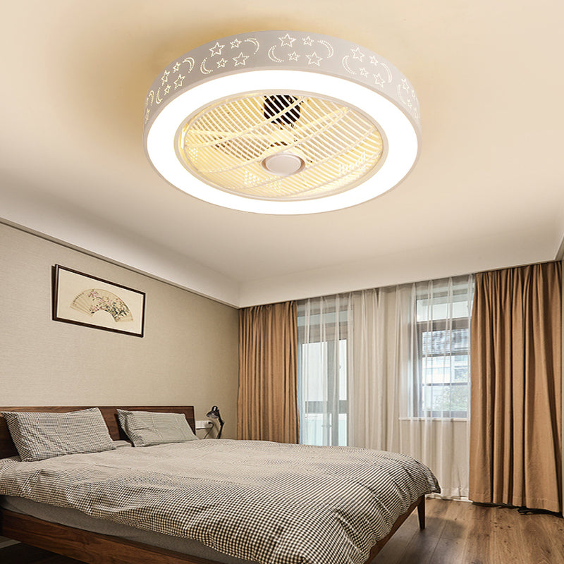 White Drum Shaped Fan Lamp Nordic LED Metal Semi Flush Light Fixture for Bedroom