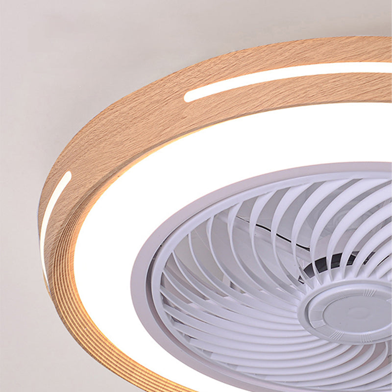 Wood Finish Round Fan Lamp Nordic Metal LED Semi Flush Mounted Light for Bedroom