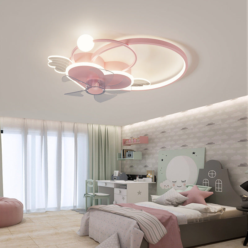 Heart and Halo Ring Shaped Ceiling Fan Cartoon Acrylic Bedroom LED Semi Flush Light