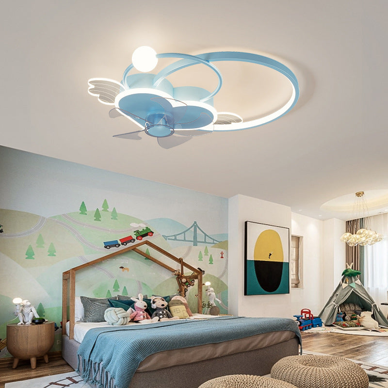 Heart and Halo Ring Shaped Ceiling Fan Cartoon Acrylic Bedroom LED Semi Flush Light