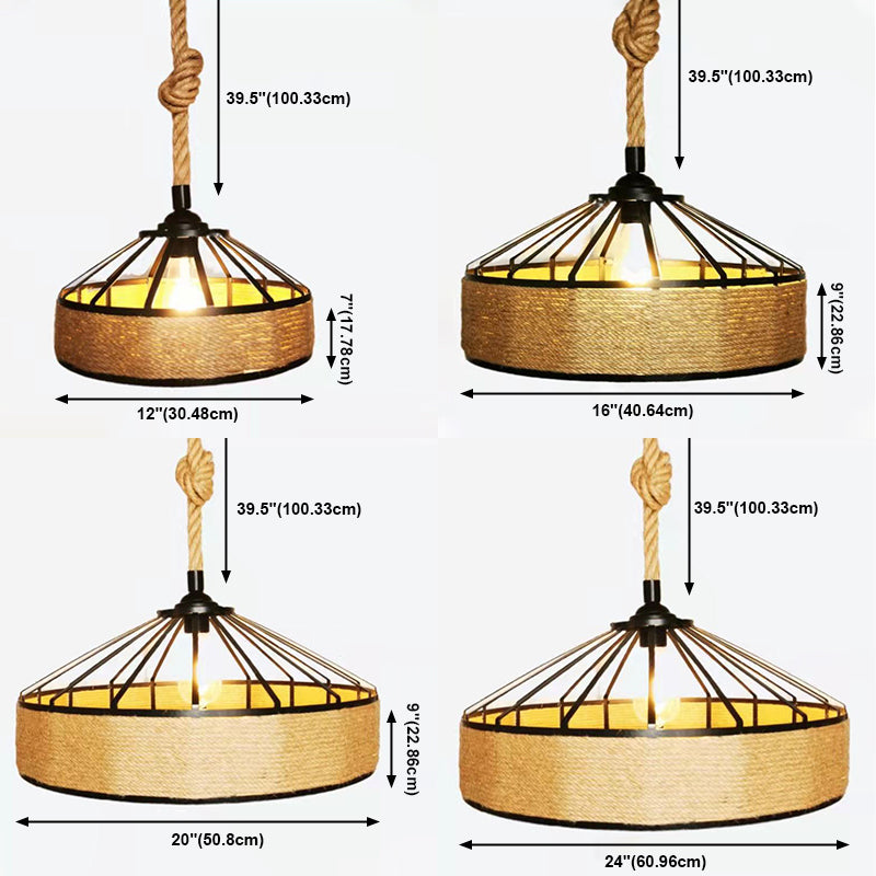 Industrial Drum Commercial Pendant Lighting Natural Rope 1-Light Hanging Light Fixture