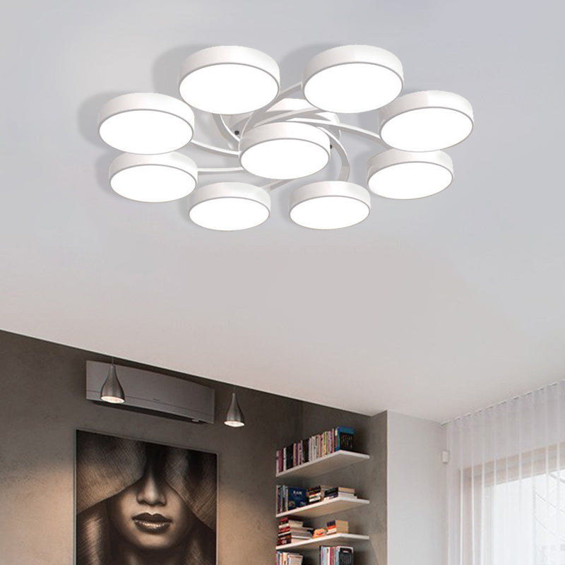 Black / White Drum Shade Plafond Light 3/6/9 têtes de style nordique en acrylique semi-plafond Light pour le salon