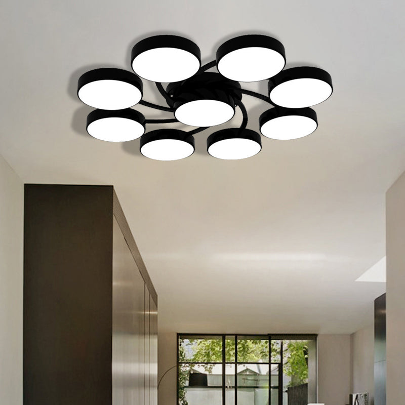 Black/White Drum Shade Ceiling Light 3/6/9 Heads Nordic Style Acrylic Semi Ceiling Mount Light for Living Room