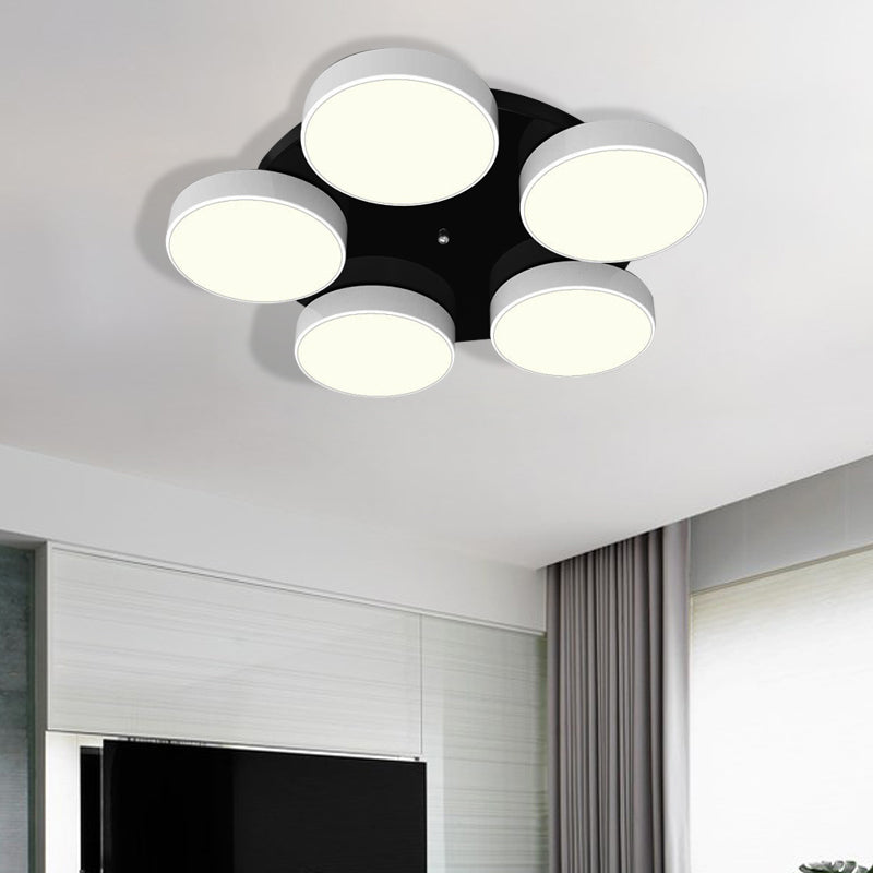 3/5/8/12 Heads Drum Flush Mount Light Modern Acrylic and Metal Ceiling Lamp in Black/White for Study Room