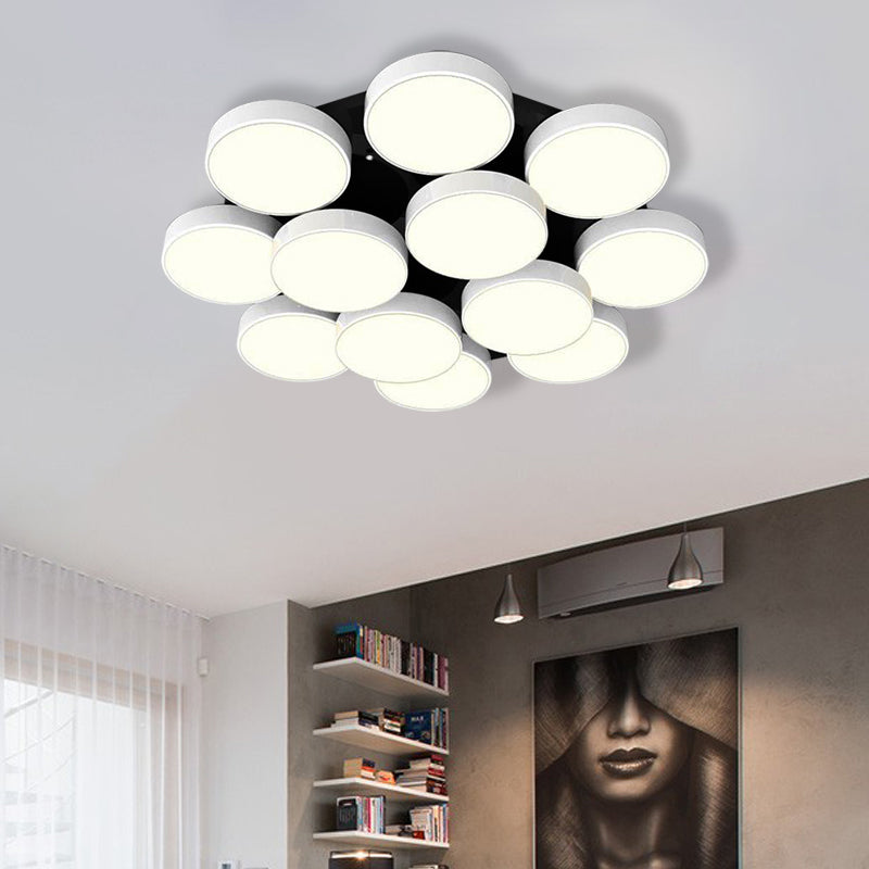 3/5/8/12 Heads Drum Flush Mount Light Modern Acrylic and Metal Ceiling Lamp in Black/White for Study Room