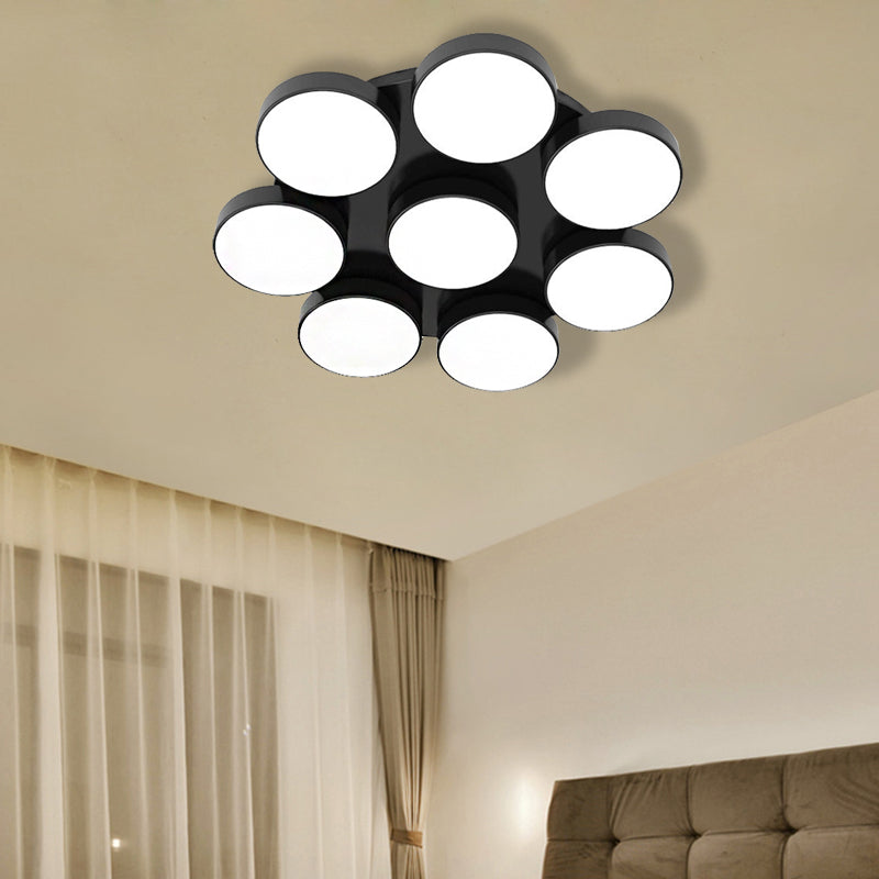 3/5/8/12 Heads Drum Flush Mount Light Modern Acrylic and Metal Ceiling Lamp in Black/White for Study Room