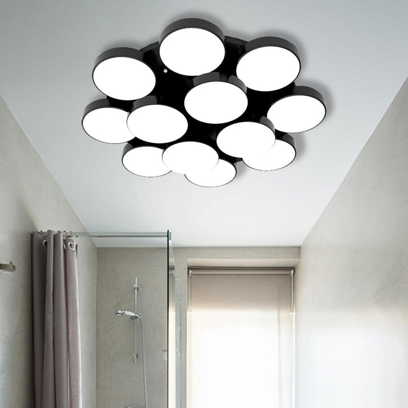 3/5/8/12 Heads Drum Flush Mount Light Modern Acrylic and Metal Ceiling Lamp in Black/White for Study Room