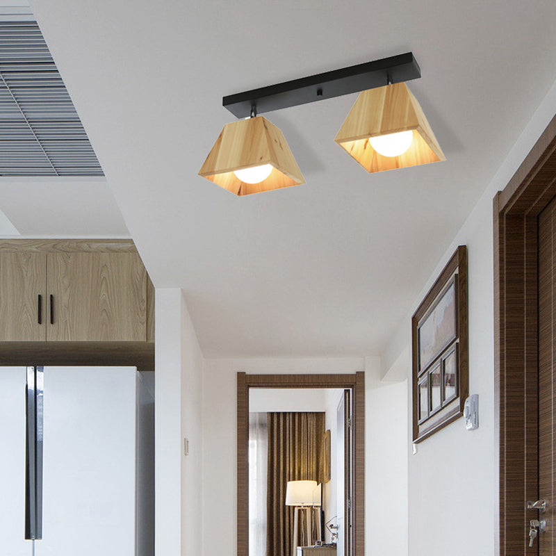 Lampada semi-filo lineare in bianco/nero con tonalità in legno trapezoidale moderno moderno apparecchio a soffitto semifulto a 2/3-bulb