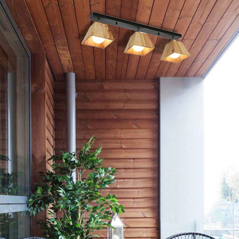 Zwart/wit lineaire semi-spoelinglamp met trapezoid houten tint modern 2/3-bulb semi-spoelplafond armatuur