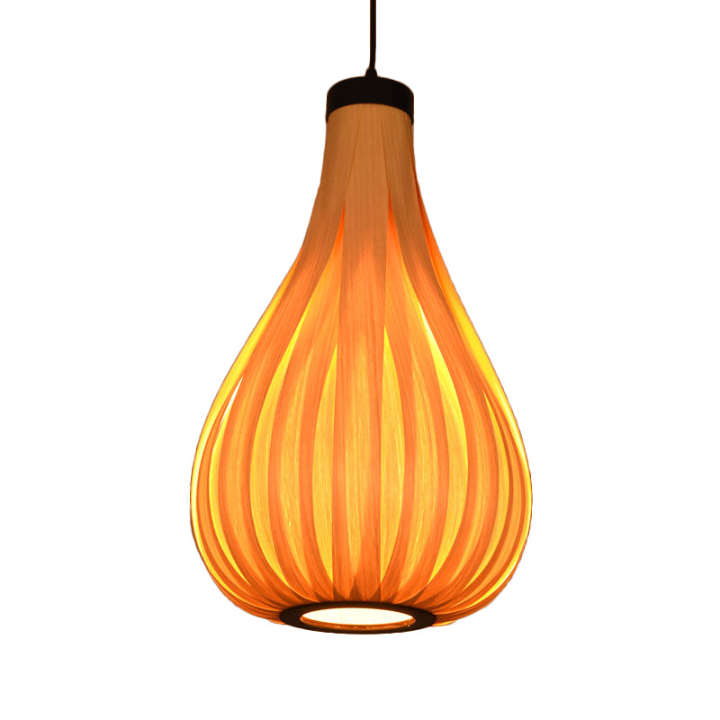 Gourd Wood Ceiling Light Asian 1 Bulb Beige Pendant Lighting Fixture for Restaurant