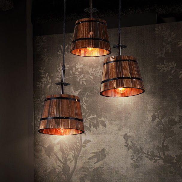 Distressed Wood Pail Pendant Light Fixture Vintage Wood Restaurant Hanging Light