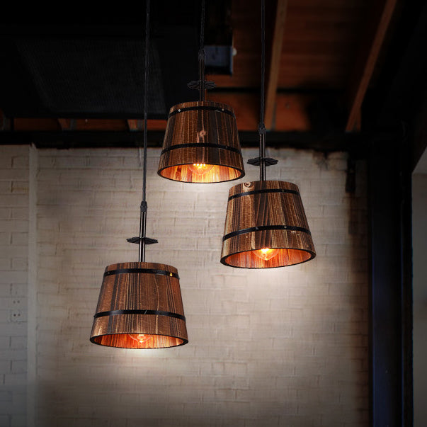 Distressed Wood Pail Pendant Light Fixture Vintage Wood Restaurant Hanging Light