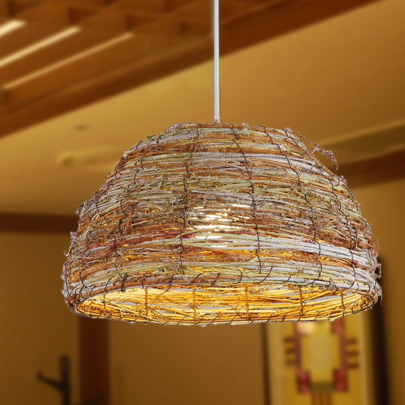 Lampada a cupola di rattan cinese cinese 1 testa di illuminazione a sospensione di lino per la casa da tè