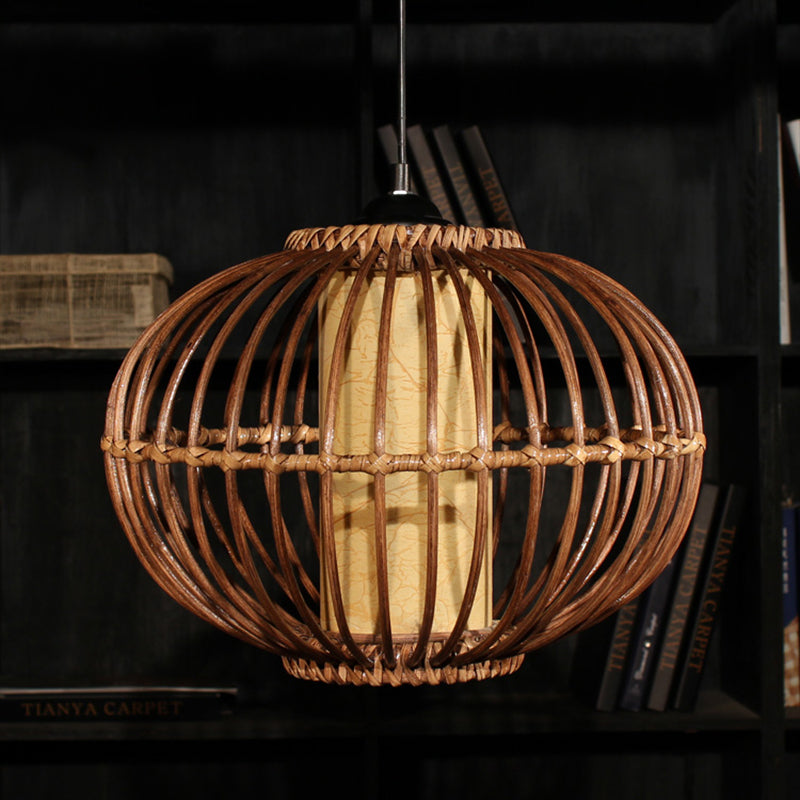 Bamboo Lantern Affermazione del soffitto Asian 1 Bulb Marrone Apparecchio di illuminazione a sospensione con tonalità di pergamena del cilindro interno