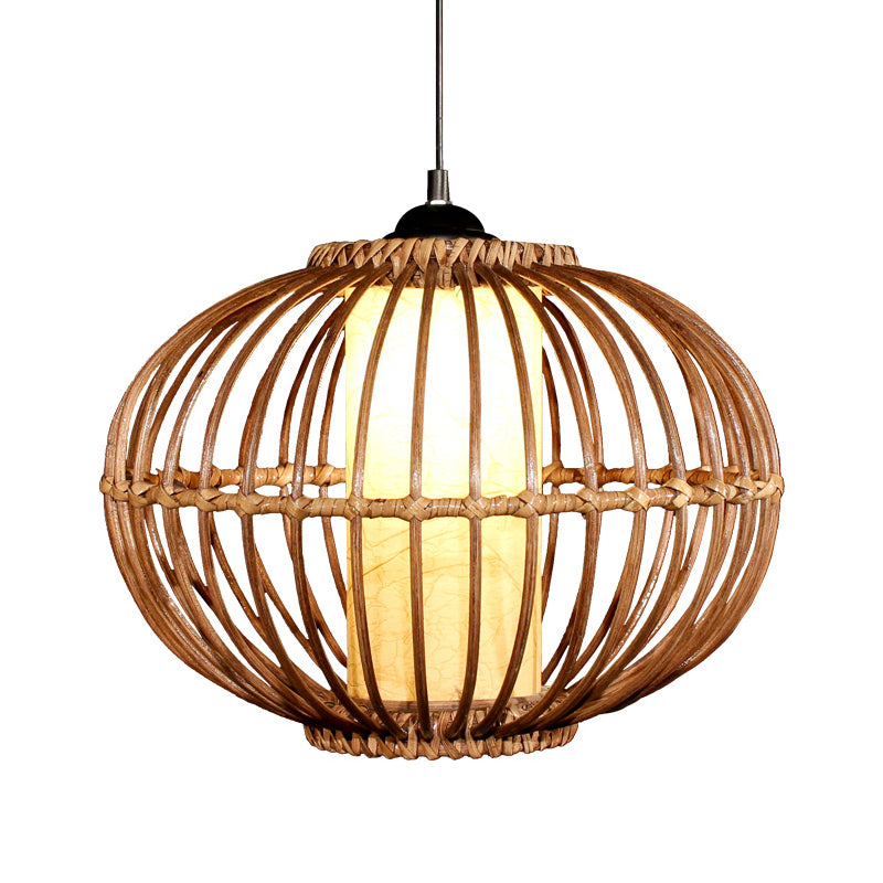 Bamboo Lantern Affermazione del soffitto Asian 1 Bulb Marrone Apparecchio di illuminazione a sospensione con tonalità di pergamena del cilindro interno