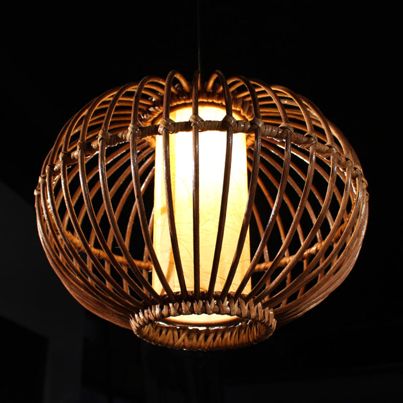 Bamboo Lantern Affermazione del soffitto Asian 1 Bulb Marrone Apparecchio di illuminazione a sospensione con tonalità di pergamena del cilindro interno