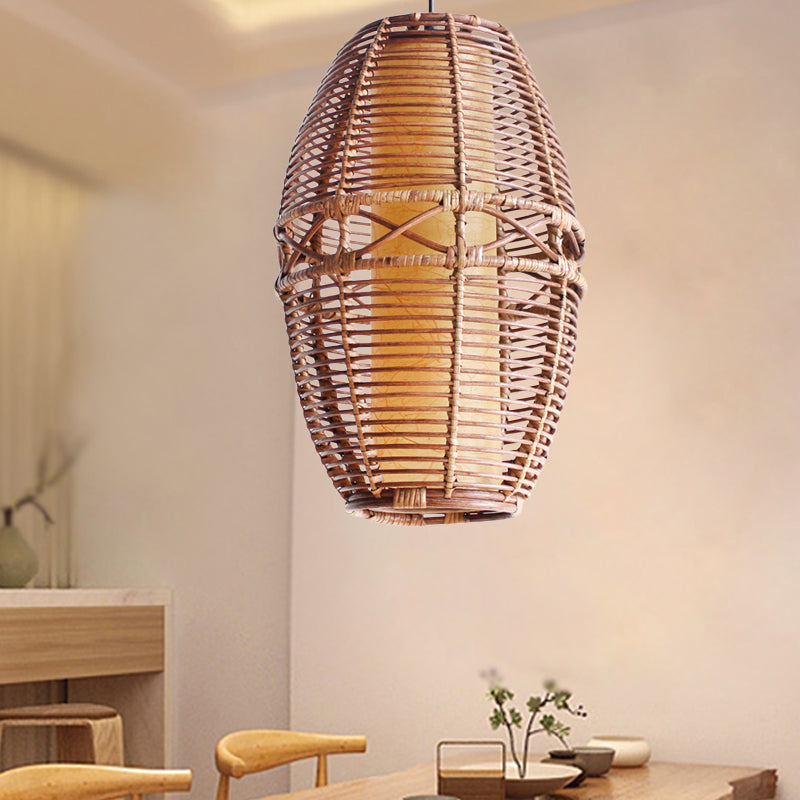 Brown Lantern Pendant Lamp Asia 1 Bulb Bamboo Hanging Light Fixture with Inner Tube Parchment shade