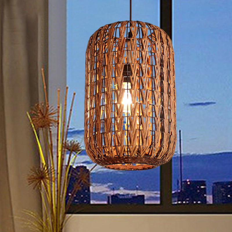 1 Head Restaurant Ceiling Light Asian Brown Pendant Lighting Fixture with Barrel Rattan shade