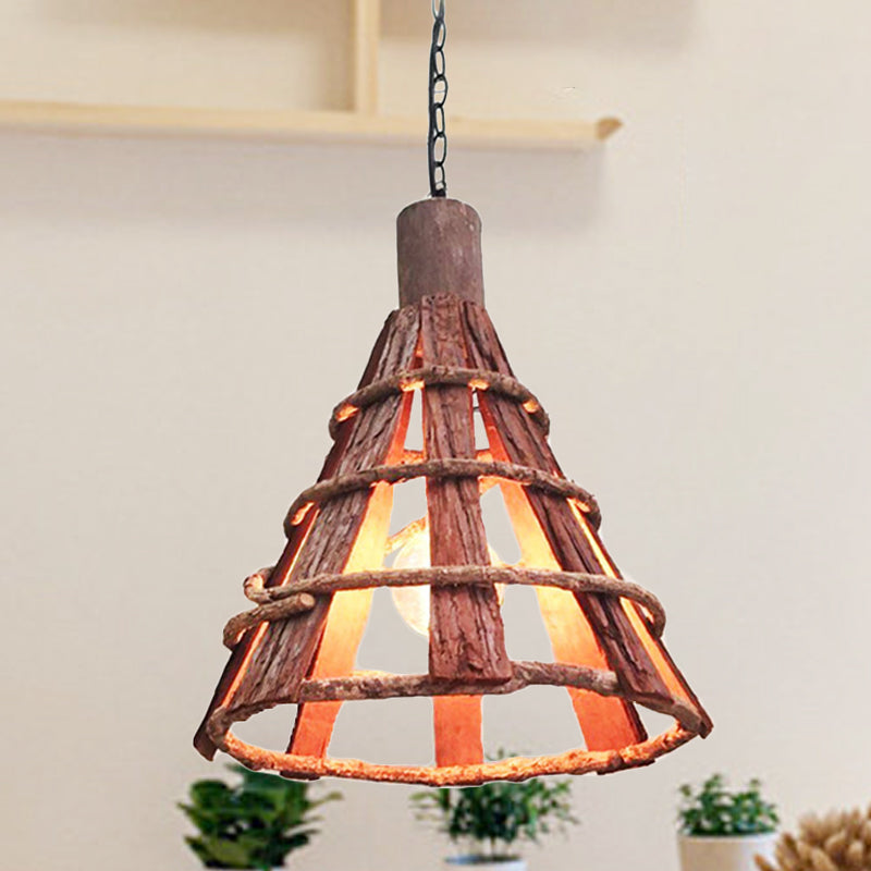 Wood Tapered Down Lighting Asian 1 Bulb Red-Brown Hanging Ceiling Light with Adjustable Chain