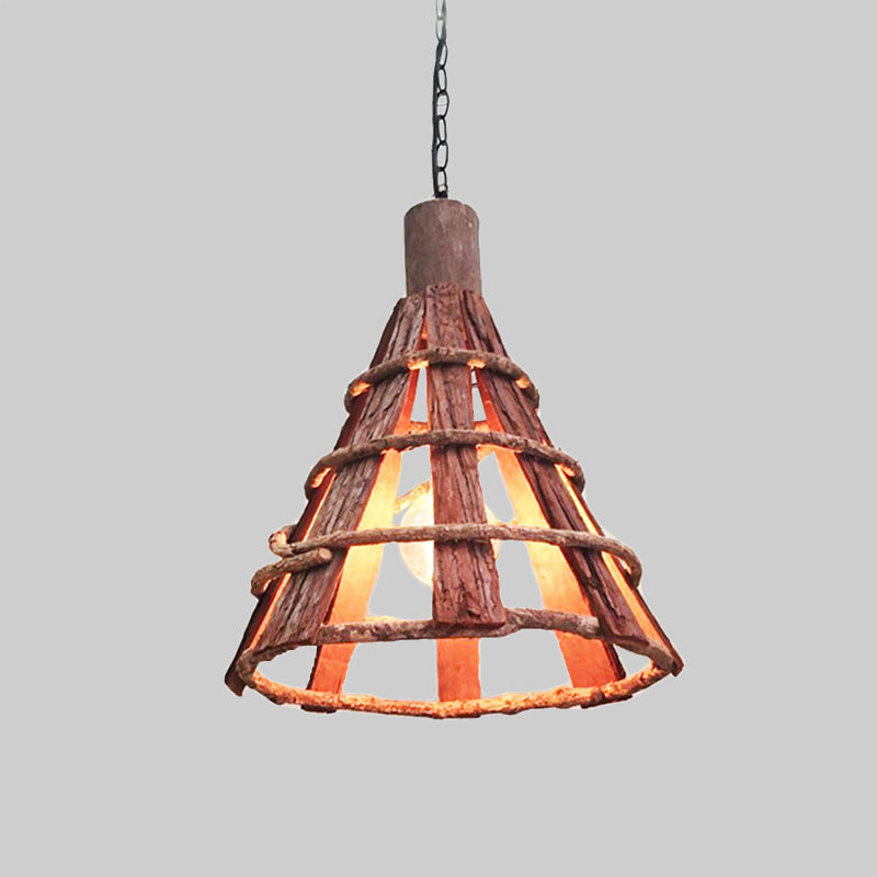 Wood Tapered Down Lighting Asian 1 Bulb Red-Brown Hanging Ceiling Light with Adjustable Chain