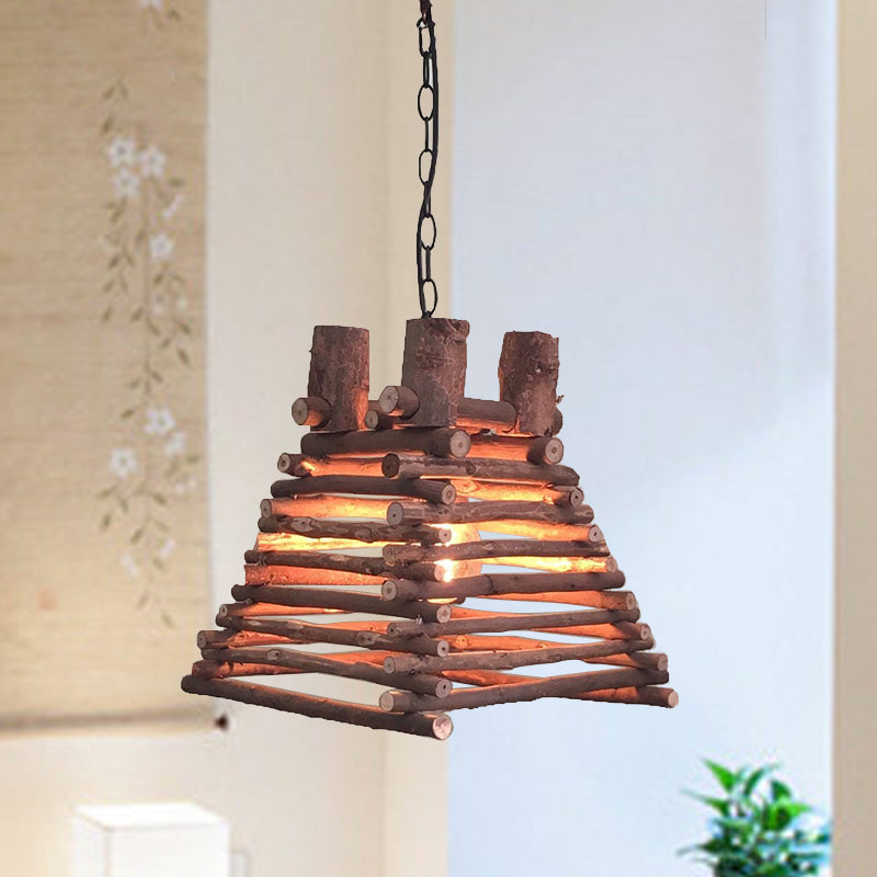 Chinese 1 Head Hanging Light Red-Brown Trapezoid Suspended Lighting Fixture with Wood Shade