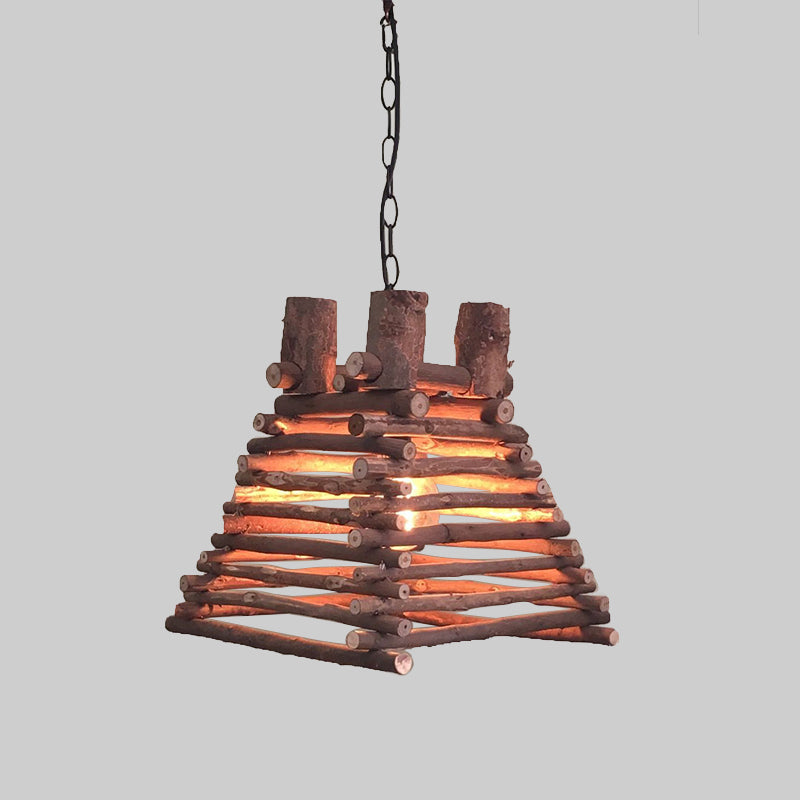 Chinese 1 Head Hanging Light Red-Brown Trapezoid Suspended Lighting Fixture with Wood Shade