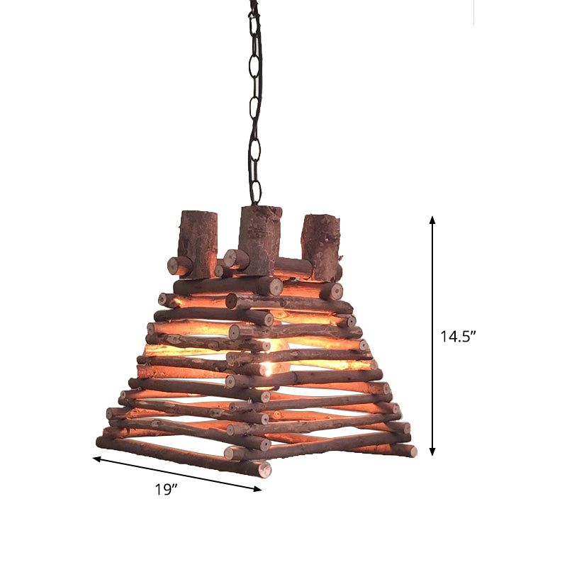 Chinese 1 Head Hanging Light Red-Brown Trapezoid Suspended Lighting Fixture with Wood Shade