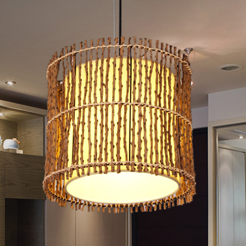 Cylinder Ceiling Light Asian Rattan 1 Head Khaki Pendant Lighting Fixture with Inner White Parchment Shade