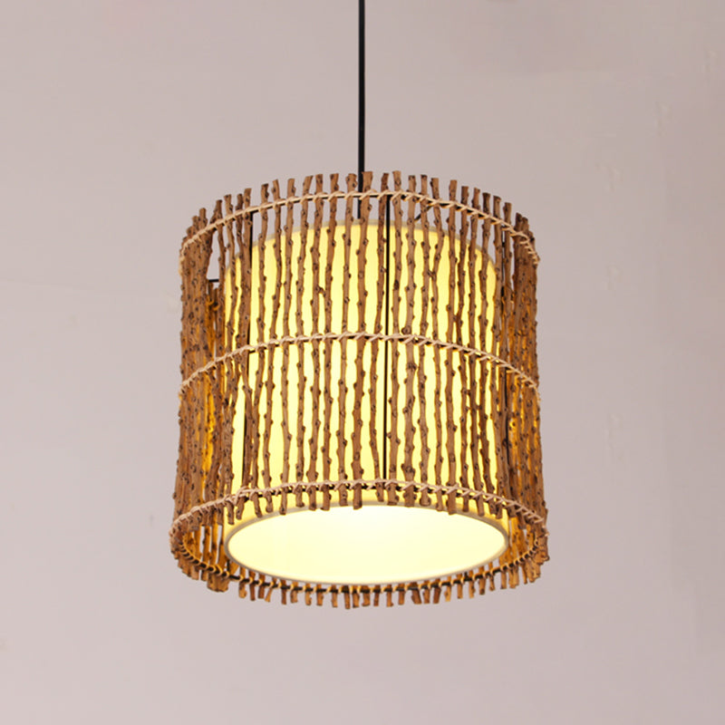 Cylinder Ceiling Light Asian Rattan 1 Head Khaki Pendant Lighting Fixture with Inner White Parchment Shade