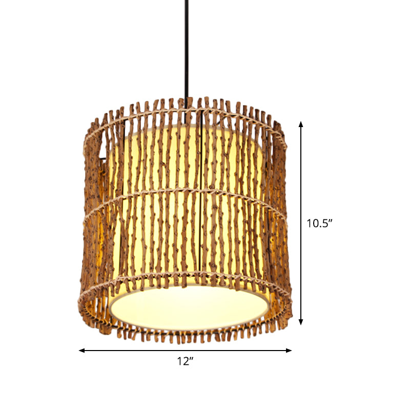 Cylinder Ceiling Light Asian Rattan 1 Head Khaki Pendant Lighting Fixture with Inner White Parchment Shade