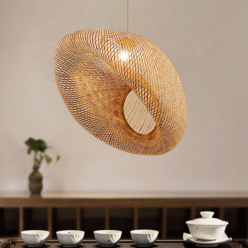 Hand Woven Bamboo Pendant Lighting Chinese 1 Head Flaxen Ceiling Suspension Lamp