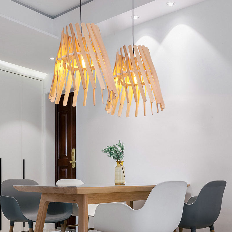 1 Glühbirnenschlafzimmer Hanging Lamp Asia Beige Decke Anhänger Licht mit konischem Holzschatten