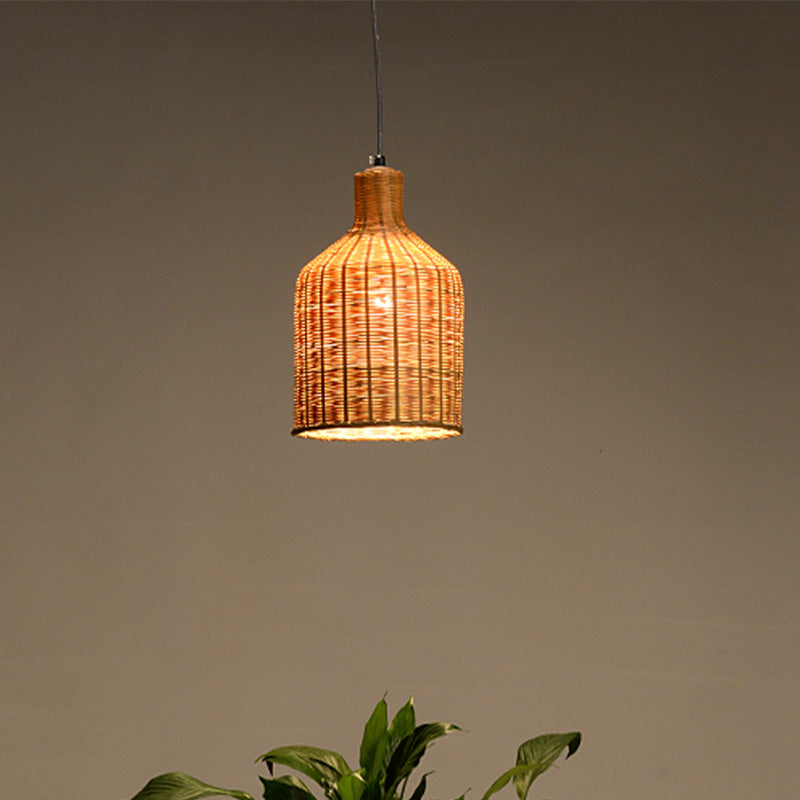 Chinese 1 Head Pendant Lamp Flaxen Tubular Hanging Ceiling Light with Bamboo shade