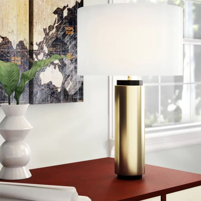 Cylindrical Task Lighting Modernism Fabric 1 Head White Desk Lamp with Gold Metal Base