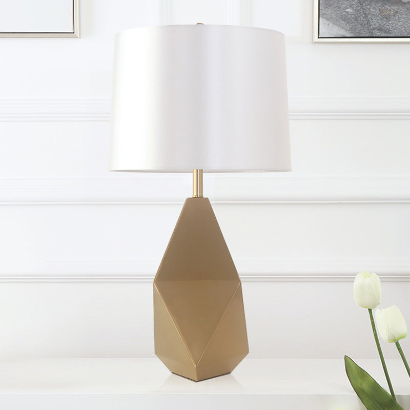 White Barrel Task Lamp Modern 1 Head Fabric Desk Light with Gold Geometric Metal Base