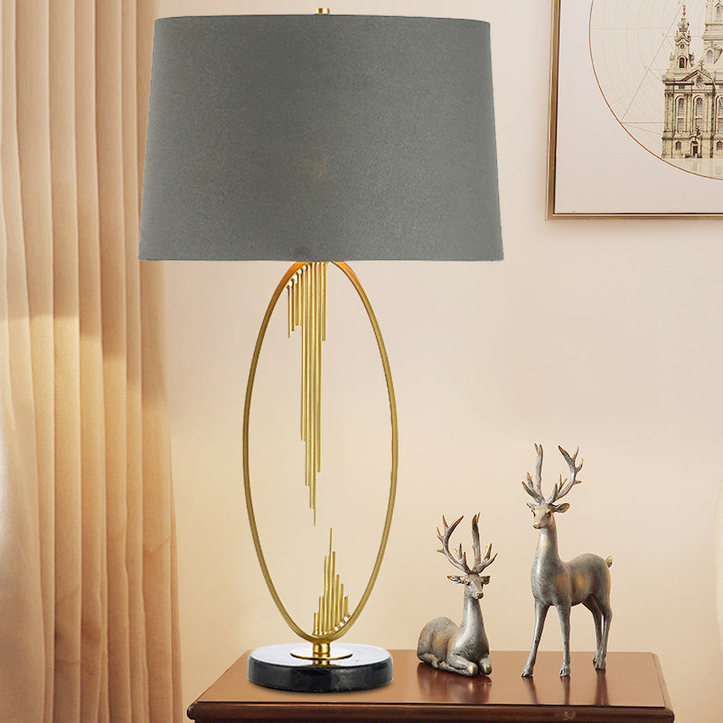 1 Head Tapered Drum Task Light Modernism Fabric Night Table Lamp in Grey with Marble Base